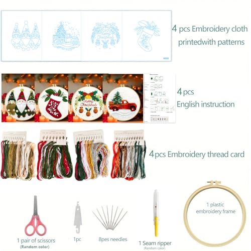Zhenqing Christmas Embroidery Kit for Beginners - 4 Piece 29x29cm Round Hoop Art with Pre-Printed Cotton Fabric, Embroidery Hoop, Threads & Tools (Merry Christmas, Stocking, Truck, Gnomes)