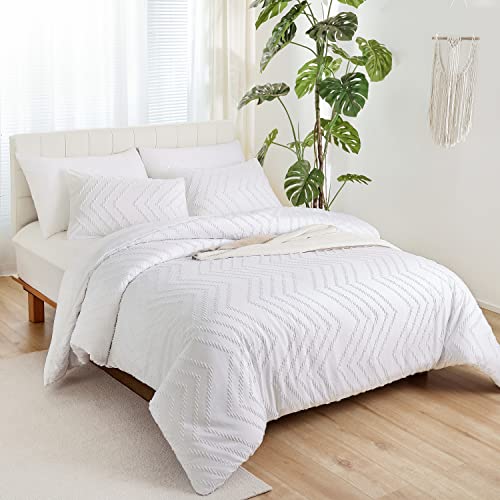 YIRDDEO White Comforter Queen Size 3Pcs, Boho Chevron Queen White Farmhouse Bedding Sets, Vertical Tufted Lightweight Neutral Boho Bed Set (1 Comforter, 2 Pillowcases) YIRDDEO
