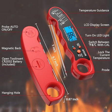 QPEUIM Meat Thermometer Digital Instant Read Thermometer Waterproof Food Thermometer with Backlight & Calibration for Grill and Cooking Turkey BBQ QPEUIM