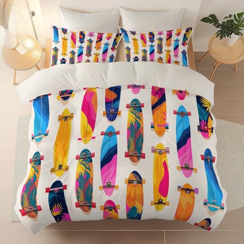 White Printed Duvet Cover for Kids Girls Women Blossom - Soft and Breathable Cartoon Skateboard Minimalist Bedding Set, Quilt Cover Single Size Room Decor with 2 Pillow Case Generic