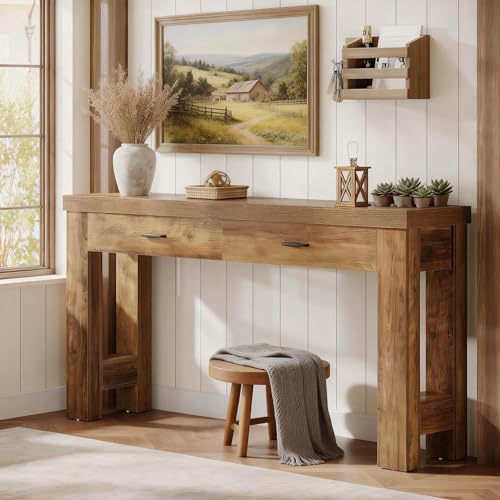 Tribesigns 63" Farmhouse Console Table with Drawers, Sofa Entryway Table for Hallway, Living Room, Countryside Narrow Console Furniture, Brown Tribesigns