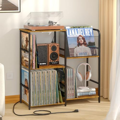 ThreeHio Record Player Stand with Power Outlets, Turntable Stand with Vinyl Storage Holds up to 300+ Albums, Storage Cabinet for Vinyl Records, Record Player Table with LED Light for Living Room ThreeHio