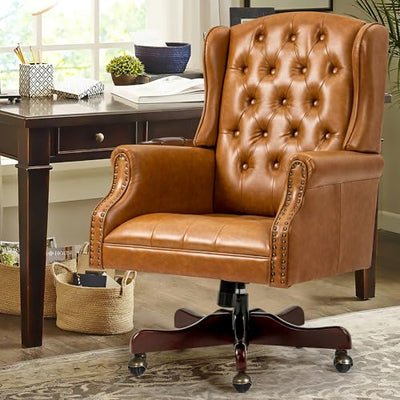 ECOTOUGE Tufted Office Chair, Faux Leather Executive Desk Chair w/High Back & Nail Head Trim, Ergonomic Wingback PC Chair for Home, Office and Living Room, Brown