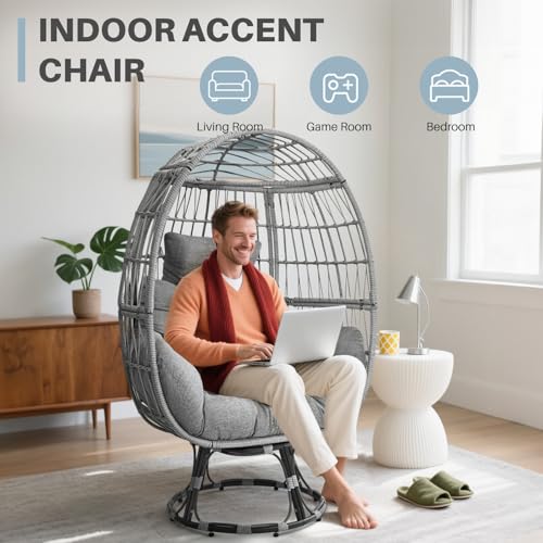 Gijvbeoz Swivel Wicker Egg Chair, Oversized Indoor Outdoor Lounger for Backyard, Patio, Living Room with Cushion, Steel Frame, 330lb Capacity, Gray Gijvbeoz