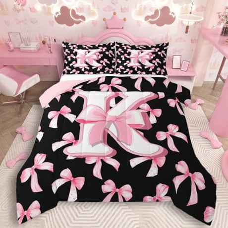 Feelyou Kids Girls Cute Pink Bow Comforter Set Twin Size Initial Letter K Bedding Set Coquette Bow Knot Duvet Quilt Bedroom Monogrammed Decor Personalized Teen Girl Women Gifts Ultra Soft Breathable Feelyou