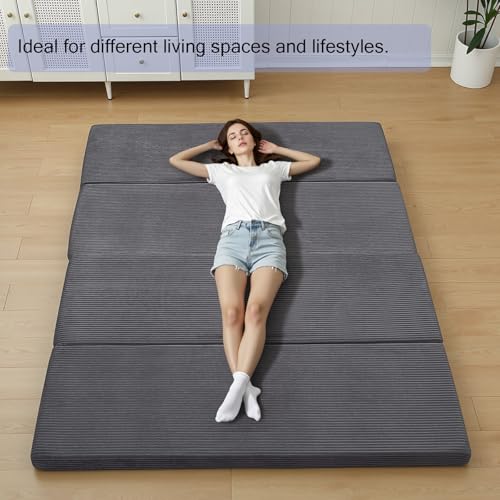 MeMoreCool Folding Foam Futon Mattress Queen, Foldable Japanese Floor Mattress, Sleeping Mat Pad for Adults Guests Sleepovers, 3 in Thick Tatami Mat Portable Shikibuton, Dark Grey MeMoreCool