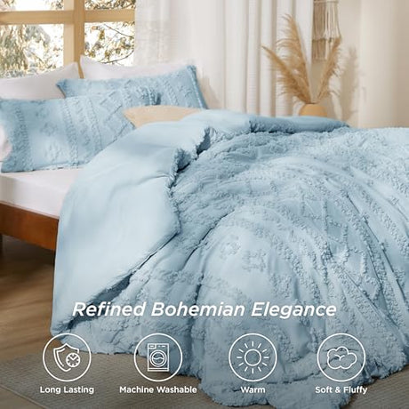 Bedsure Tufted Boho Comforter Set Full Size - Light Blue Boho Bed Set, GentleSoft™ 3 Pieces Farmhouse Shabby Chic Embroidery Bedding, Gifts for Woman, Soft Jacquard Full Comforter for All Seasons Bedsure