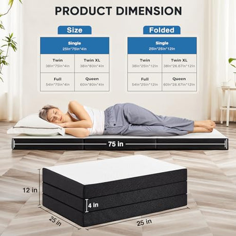 KMFurnila Folding Memory Foam Mattress, 4" Tri-Fold Single Mattress Topper with Washable Cover, Non-Slip Portable Guest Floor Bed for Travel Camping KMFurnila