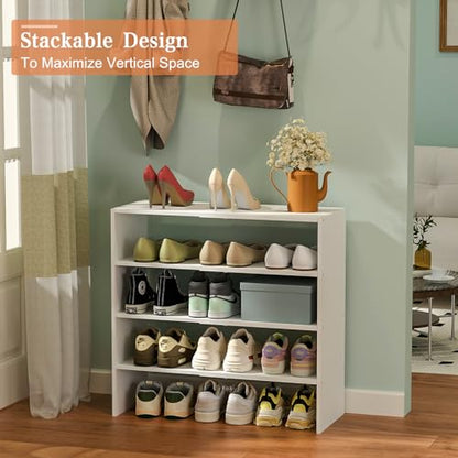 2-Tier Small Shoe Rack Organizer for Closet, White Expandable Shoe Shelf, Stackable Iron Wood Combination Shoe Racks Shelves for Closets, Entryway,Small Space,Hallway,Garage,6-12 Pairs,Patent - WoodArtSupply