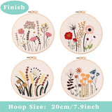 REEWISLY 4ps Embroidery Starter kit with Flowers Patterns and Instructions, DIY Adult Beginner Cross Stitch Kits, Including 2 Plastic Embroidery Hoop, 1 Pair of Scissors, Colored Threads and Needles