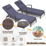 Set of 2 Chaise Lounge Chairs Outdoor, PE Rattan Wicker Poolside Recliners with 5-Position Adjustable Backrest, Blue Cushions, Armrests and Wheels, Patio and Garden Furniture for Beach and Backyard