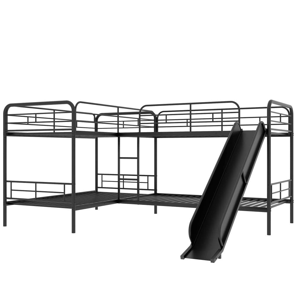 DNChuan Quad Bunk Beds,Metal L-Shaped with Slide and Ladder,Twin Size Bunk Beds for 4 - Black DNChuan