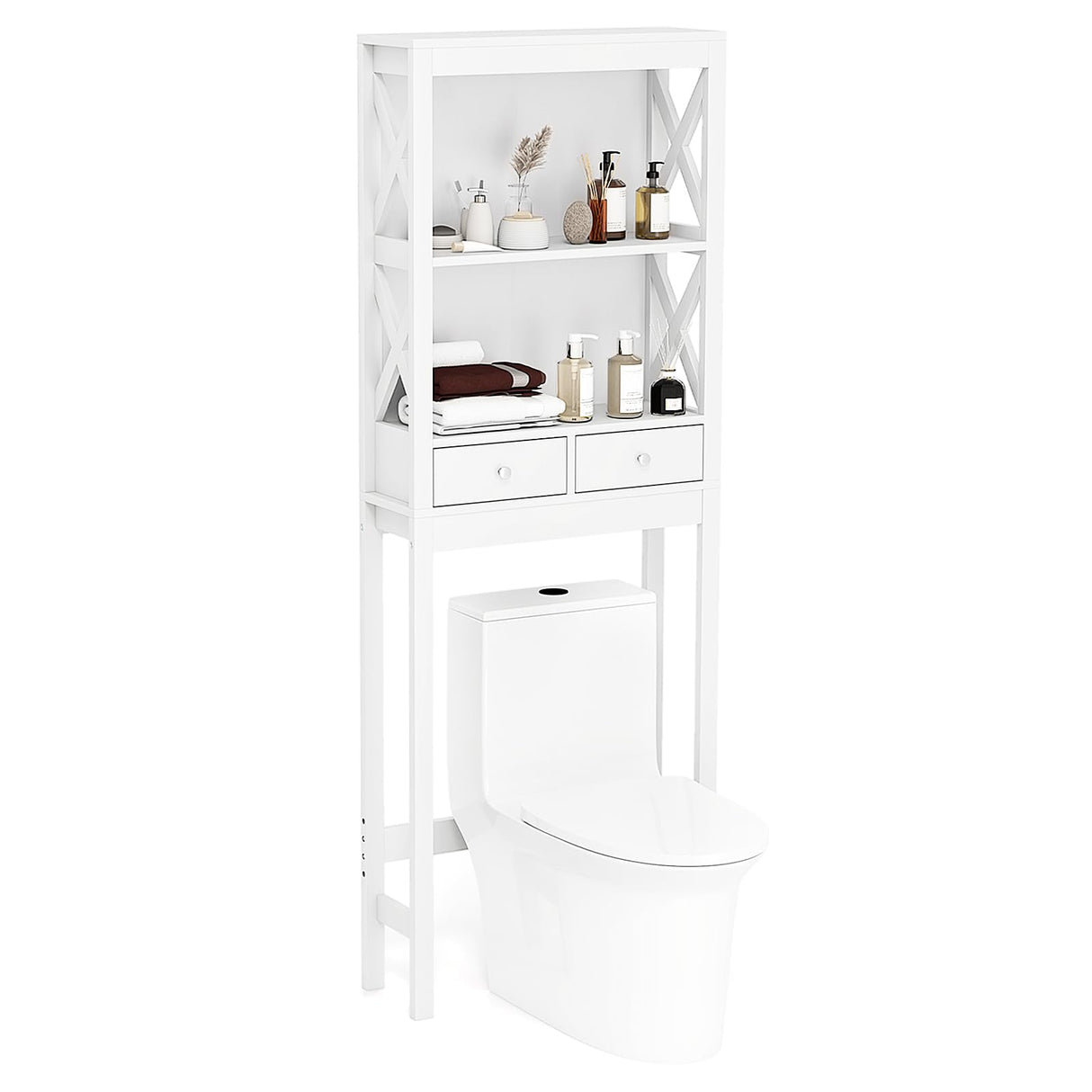Giantex Over The Toilet Storage Cabinet, 65" Tall Freestanding Bathroom Organizer with Open Shelves, Storage Drawers & Adjustable Bottom Bar, Space Saver Above Toilet Rack for Bathroom, White Giantex
