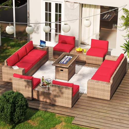 Aoxun Patio Furniture Set 13 Pieces Wicker Rattan Outdoor Furniture with 44” Fire Table Patio Sectional Sofa with Thickened Cushions, Red (Include Waterproof Cover)