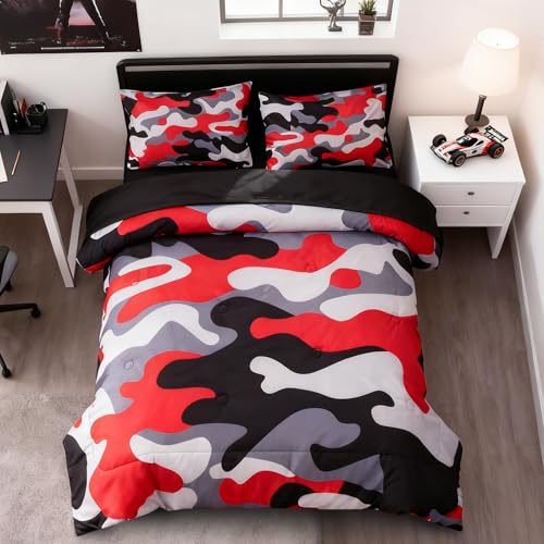 Holawakaka Full Size Camo Bedding Comforter Set with Sheets,Boys Girls Men Camouflage Bed in A Bag 5 Pieces,Kids Teens Dorm Bed Sets Neutral Farmhouse Lodge Cabin Army Bedspread (Red, Full) Holawakaka