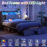TIGUBFRE Full Bed Frame with Storage Headboard, Farmhouse Wood Bed Frame Full Size with 4 Drawers, LED Light & Charging Station, Metal Slats Support, Noise Free, No Box Spring Needed, Rustic Gray TIGUBFRE