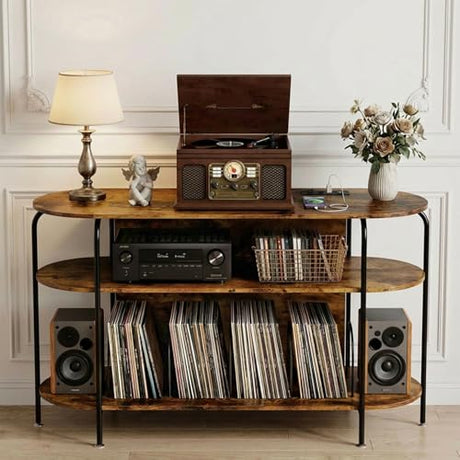 Faesun Large Record Player Stand with Vinyl Record Storage & Power Outlets, Holds 200+ Albums, 3-Tier Turntable Stand for Living Room & Bedroom, Mid Century Round Shelf Design,Vintage Faesun