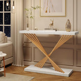 UNIQUITE 39.4 Inch Gold Console Table, White Faux Marble Modern Entryway Table Sofa Tables Behind The Couch for Entrance Hallway Living Room, X-Shape UNIQUITE