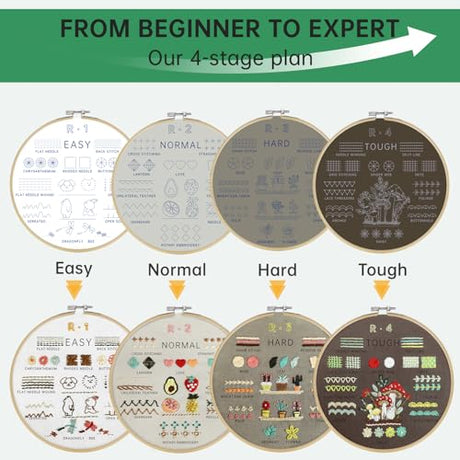 CYANFOUR 6 Stage Embroidery Kit for Beginners Adults, Easy to Learn 38 Different Stitches from Instruction & Video, Needlepoint Kits for Adults with Stamped Embroidery Patterns CYANFOUR