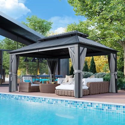 Aoxun 12FT X 16FT Hardtop Gazebo, Outdoor Pergolas with Mosquito Netting and Curtains, Galvanized Steel Double Roof Permanent Aluminum Gazebo, for Gardens, Decks, Patios, Parties