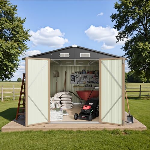 Greesum 8×10FT Outdoor Storage Shed, Metal Patio Storaged Sheds with Lockable Doors, Sheds & Outdoor Storage for Bike, Backyard, Pool and Garden, Brown Greesum