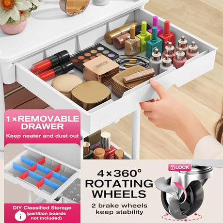 Goovilla Rolling Makeup Organizer Cart with Removable Drawer, 3 Tier Stable White Floor Skincare Storage Cart for Vanity, Cosmetic Display, Nail Polish, Perfume, Hair Stuff, Beauty, Bathroom(Plastic) Goovilla