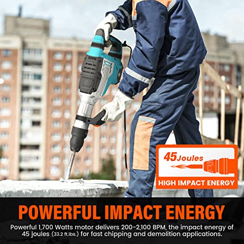 Berserker 1700W 25-Pound SDS-Max Demolition Jack Hammer, 1-9/16" 14-Amp Corded Electric Heavy Duty Demo Chipping Hammer Concrete/Pavement Breaker with Carrying Case Flat Chisel Bull Point Chisel Berserker