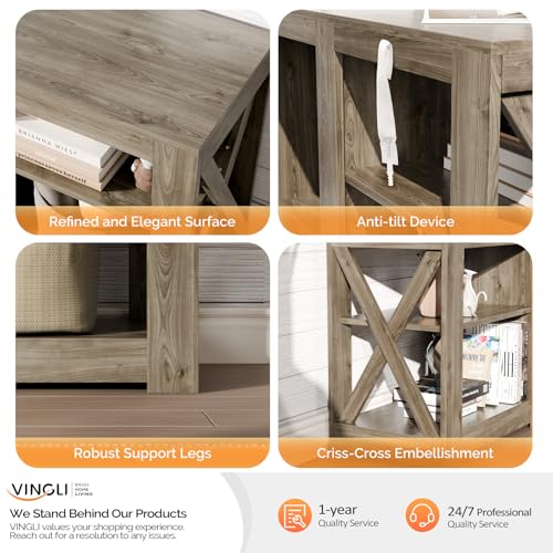 VINGLI Fireplace TV Stand for up to 80 inch TVs, Farmhouse Entertainment Center with Electric Fireplace Heater & Adjustable Shelves, Fireplace Media Console Table for Living Room, Gray Oak VINGLI
