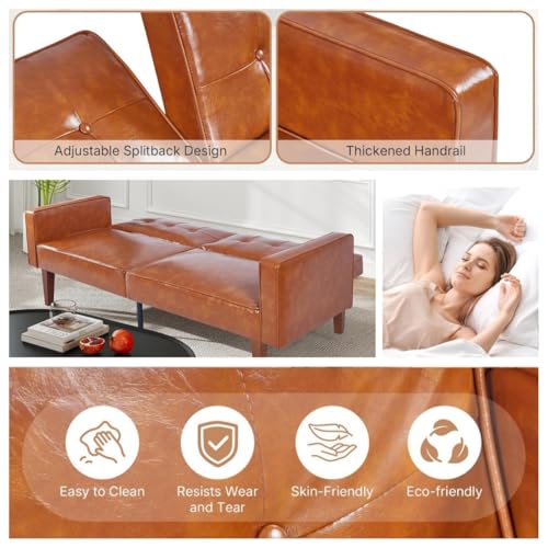 Trygoal Adjustable Backrest Convertable Sofa, Modern PU Leather 2-Seat Futon Sofa, Convertible Faux Leather Sleeper Couch with Armrests, Couch for Living Room Home Office Spaces Trygoal