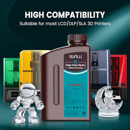 SUNLU High Clear 3D Printer Resin, High Transparency 3D Printing Resin, Resist Yellowing Clear Resin, 405nm UV Curing 3D Printing Photopolymer Resin, Suitable for LCD/DLP/SLA 3D Resin Printer, 1000g