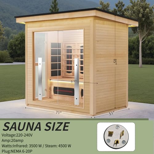 3-Person Far Infrared & Steam Dual-System Sauna Room, Outdoor Canadian Hemlock Wood Sauna, WiFi Control, Red Light Therapy, 11 Heaters & 4.5KW Harvia Stove, Left Door, 220-240V ZONEMEL