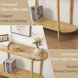 RUSTOWN Rattan Console Table, 2-Tier Boho Entryway Table with Tempered Glass Top and Wood Legs,Mid Century Modern Sofa Table for Hallway, Entryway, Living Room (Natural) RUSTOWN
