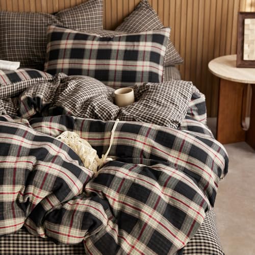 EAVD Vintage Red&Black Plaid Duvet Cover Queen Soft 100% Muslin Cotton Retro Grid Checkered Bedding Set with 2 Pillowcases Reversible Gingham Duvet Cover with Zipper Closure EAVD