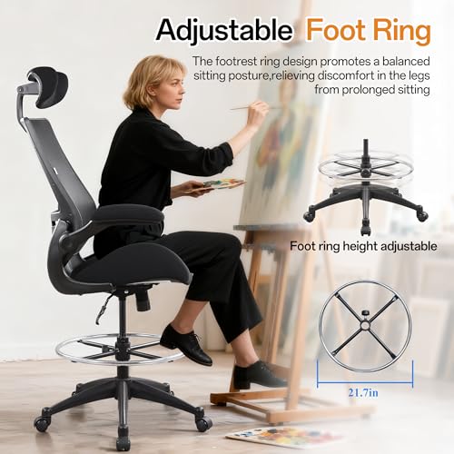 BOLISS Drafting Office Chair 400lbs High Back Wide Standing Desk Chair Comfortable with Flip up Armrests Lumbar Support Adjustable Big Footrest Ring(Black) BOLISS
