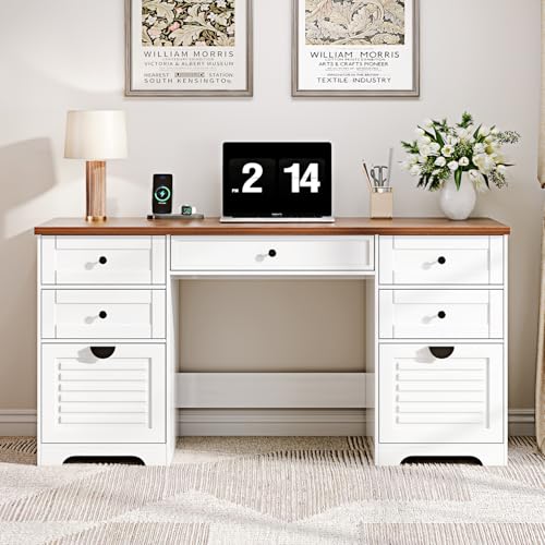 Ieejdn 59" Home Office Desks, Executive Desk, Farmhouse Computer Desk with 7 Drawers and Charging Station, File Drawer, Rustic Computer Writing Desk,Antique Cream Ieejdn