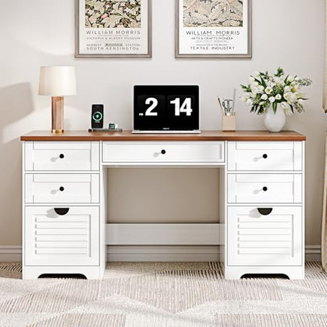 Ieejdn 59" Home Office Desks, Executive Desk, Farmhouse Computer Desk with 7 Drawers and Charging Station, File Drawer, Rustic Computer Writing Desk,Antique Cream Ieejdn