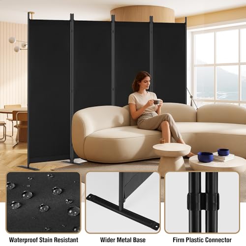 Yettsoy Room Divider 6FT Tall Folding Privacy Partition Screen, 88'' W Portable Wall Divider for Room Separation, Freestanding 4 Panel Room Divider Panel Privacy Screen for Dorm Studio Office, Black Yettsoy