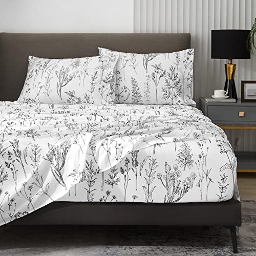 HYPREST Floral Sheets Twin Size,18 inches Deep Pocket Sheets, 1800 Thread Count Black and White Leaf Floral Bed Sheets Soft Breathable Cute Aesthetic Shabby Chic Bed Sheets, Oeko-Tex Certificated. HYPREST