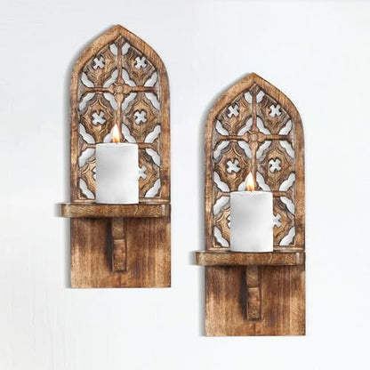 Wall Mounte Candle Sconces Set of 2, Decorative Wooden Candle Holder, Hand Carverd Farmhouse Candle Sconce, Perfect for Living Room Bedroom Bedroom Kitchen Wall Decoration - 16 Inch - Burnt N - WoodArtSupply