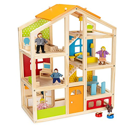 PIDOKO KIDS Skylar Wooden Dollhouse - Includes 20 Pcs Furniture Accessories, 5 Family Dolls and a Pet Dog - Wood Doll House for 3 4-5 Year Old Girls