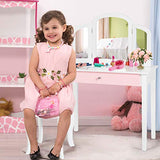 Costzon Kids Vanity, Girls Vanity Set with Tri-Folding Mirror, Stool, Storage Drawer, Princess Toddler Makeup Vanity Desk Dressing Table, Wooden Kids Vanity Table and Chair Set (White) Costzon