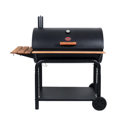 Char-Griller® Outlaw Charcoal Grill and Smoker with Cast Iron Grates, Warming Rack, Premium Wood Shelves and 950 Cooking Square Inches in Black, Model 2137