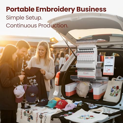 Poolin EOM 15-Needle Commercial Embroidery Machine,14.2"x9.5" Large Embroidery Area for Small Business User Friendly,for Hats,Cap & 3D Caps & Daily Orders,Auto Color Change & Trim,WiFi/USB Transfer