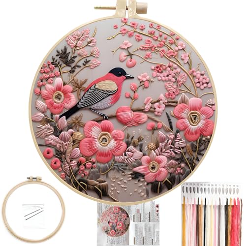 FONNUY Embroidery Kit for Beginners, Hummingbird Flowers Pre-Stamped Pattern Kits for Adults with Hoop, Easy to Follow Color Thread Needlework, 8''Hoop (Pink)