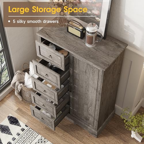 Vabches Farmhouse Dresser Storage Cabinet Chest of Drawer for Bedroom, 5 Drawer Dresser with Sliding Barn Door, 48" Tall Wood Rustic Dresser for Bedroom, Living Room, Entryway, Hallway, Washed Grey Vabches