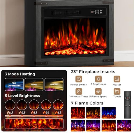 BREEZEHEAT 23 Inch Electric Fireplace with Bookcase, 70" Tall Arched Bookshelf w/LED Light, Timer, Realistic Flame Effect, Modern Storage Accent Bookshelf for Home, Office, Living Room, Black BREEZEHEAT