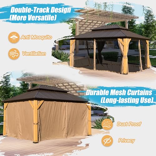 Domi 10x14FT Cedar Wood Gazebo, Solid Wood Hardtop Gazebo with Galvanized Steel Double Roof, Netting & Curtains, Outdoor Gazebo for Patio, Backyard, Deck, Lawns