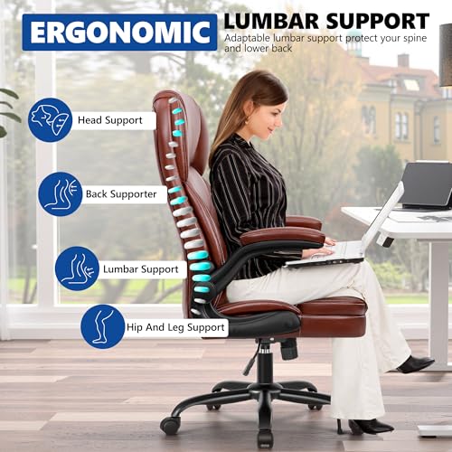 PU Leather Executive Office Chair, Ergonomic Mid-Back Computer & Gaming Chair with Adjustable Height, Rolling Swivel & Flip-Up Armrests, Comfy Padded Seat for Home Office-Brown FelixKing