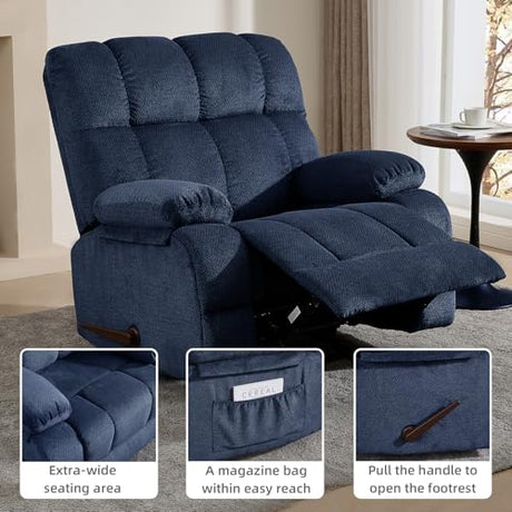 ParlorDream Oversized Rocker Recliner Chair, Overstuffed Extra Wide Manual Rocking Recliner, Adults Chair for Big Man, Nursery Reclining Sofa Chairs for Living Room, Blue ParlorDream