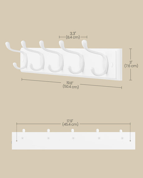 SONGMICS Wall-Mounted Coat Rack, Hook Rack, 5 Dual Metal Hooks, for Coats, Bags, Keys, in The Entryway, Bedroom, Living Room, White ULHR235W01 SONGMICS